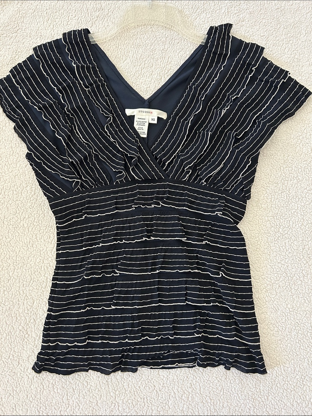 Studio M Navy White Striped Ruffle Top XS V Neck Flutter Sleeve